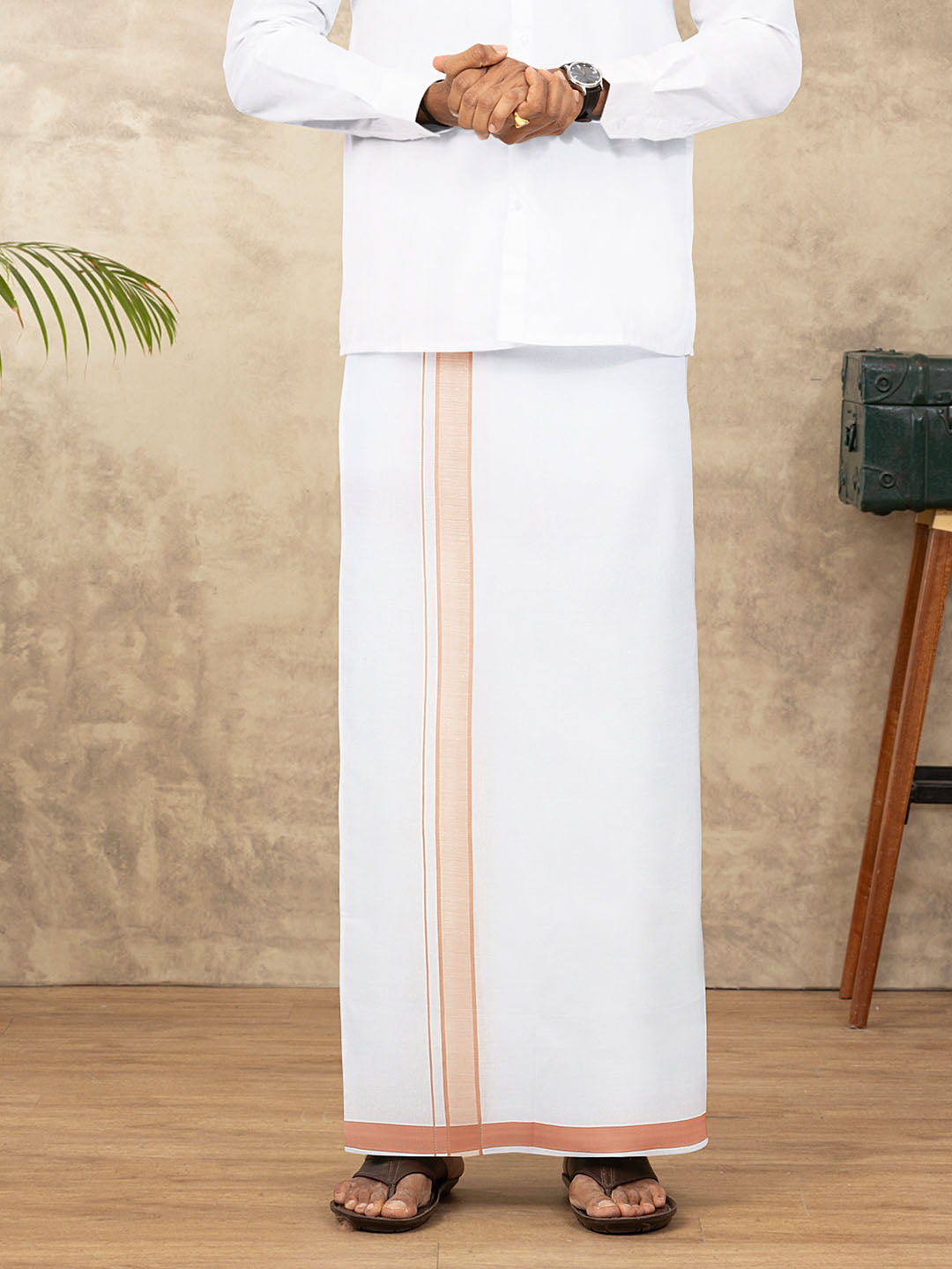 Men Cotton Blend Single Layer White Dhoti with Double Side Fancy Border HM 10