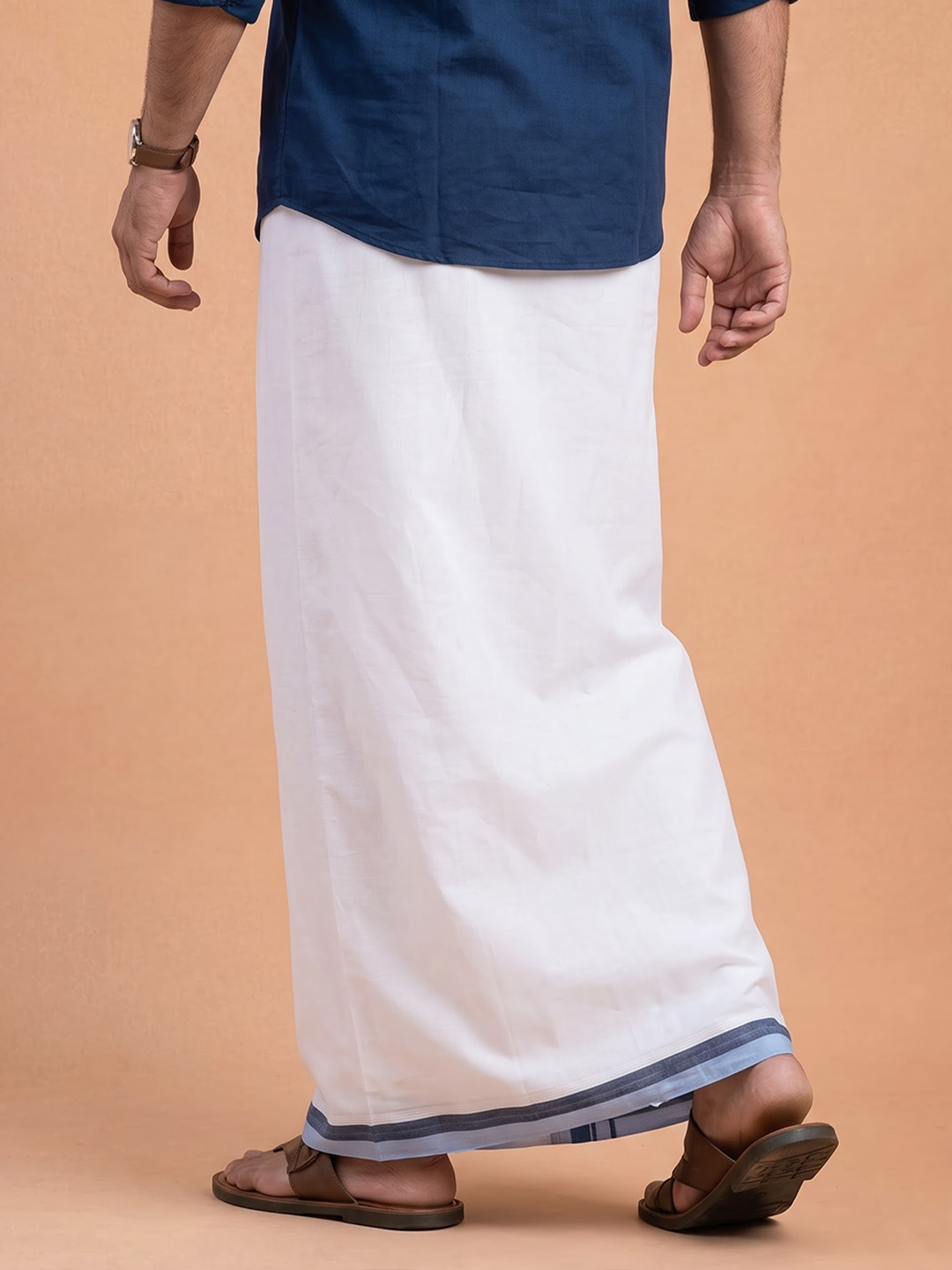 Double Layer 100% Cotton White Dhoti With Colour Jari Border - EJF27