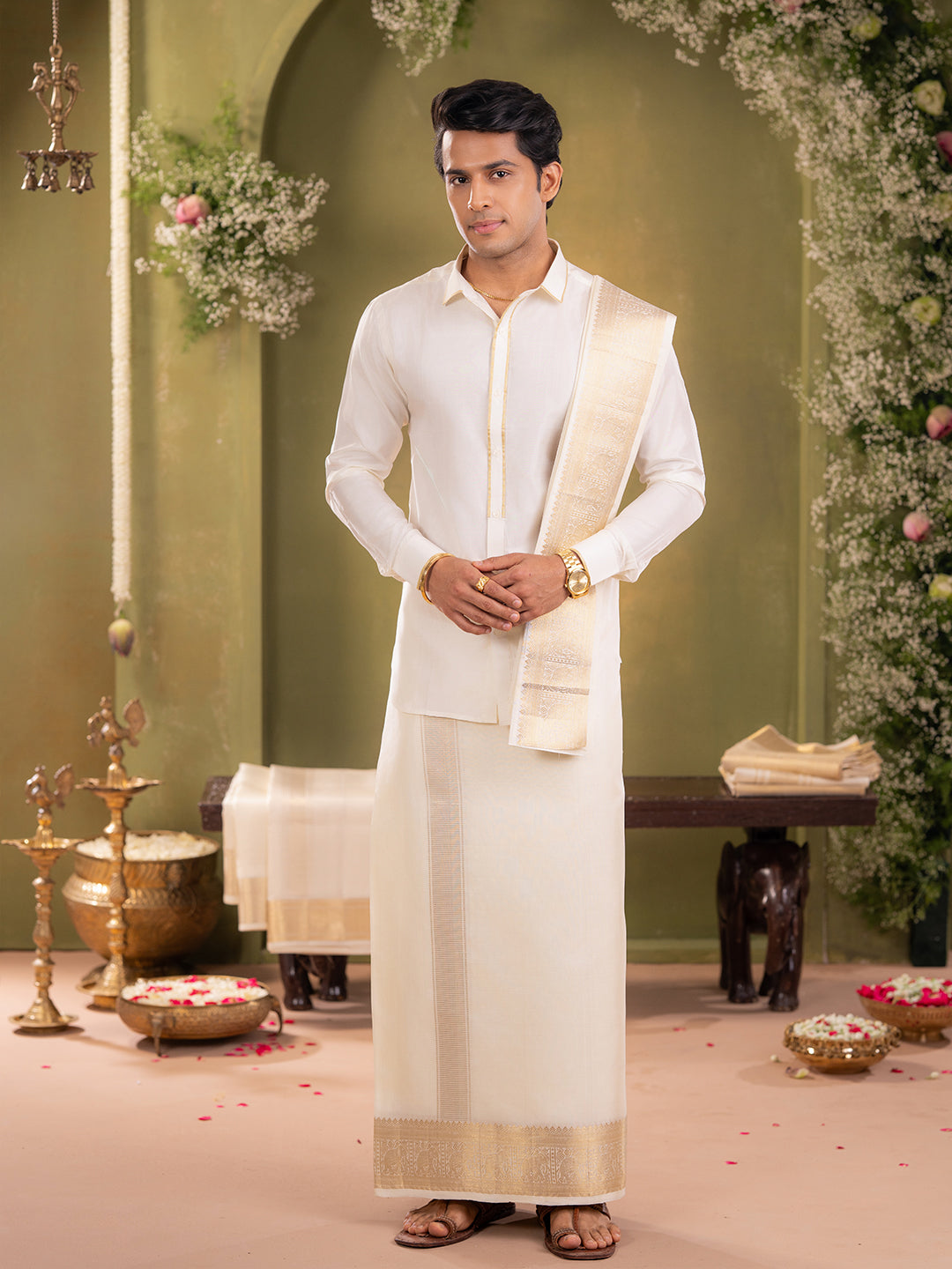 Premium Pure Silk Gold Jari Elephant Design Dhoti Shirting & Towel Set with 5" Jari Border – Rajadharbar