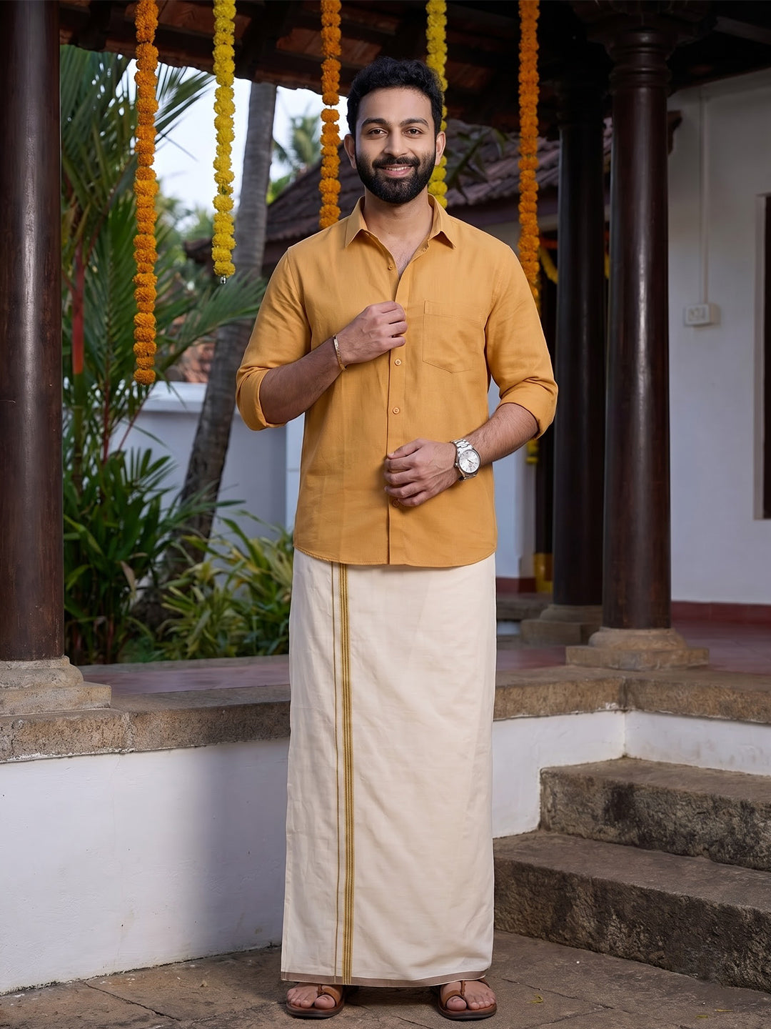 Double Layer 100% Cotton Cream Kora Dhoti with Colour Border - BJK02