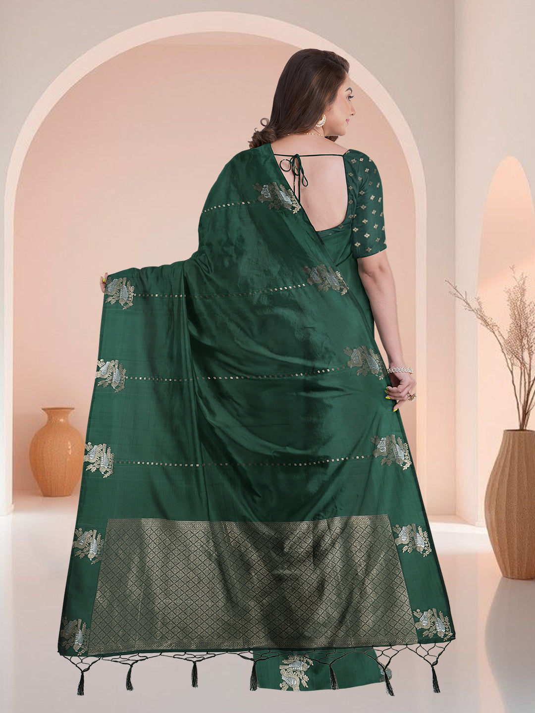 Women Dark Green Semi Silk Saree SS360