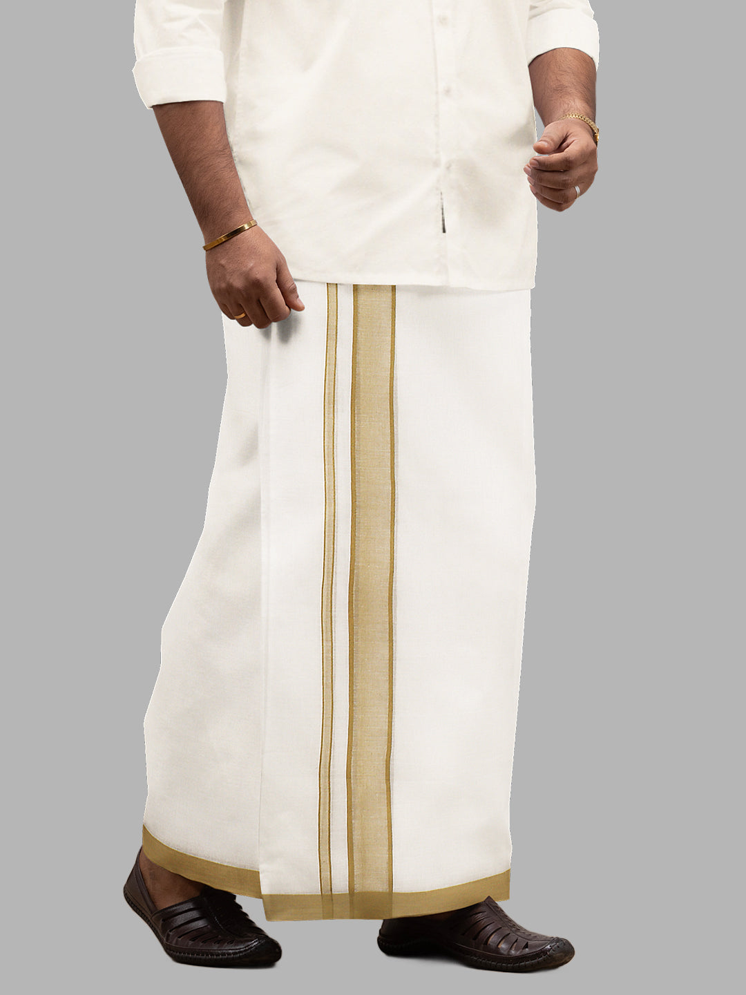 Men Green Fancy Border Double Layer White Dhoti RP3