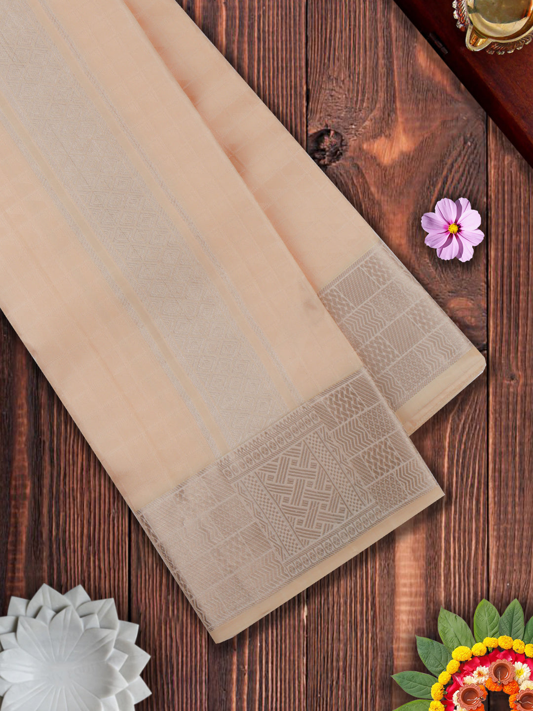 Pure Silk Light Copper Colour 4" Silver Jari Border Dhoti With Towel Thirukalyan-View four