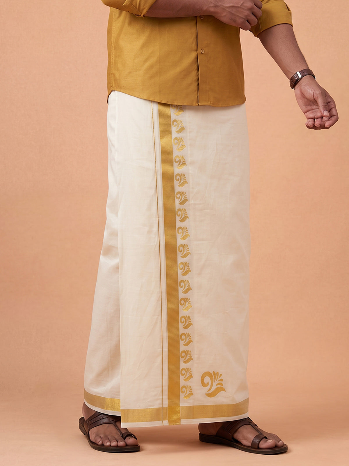 Double Layer Cotton Cream Kora Dhoti With Gold Jari Border - HF Gold HFG09