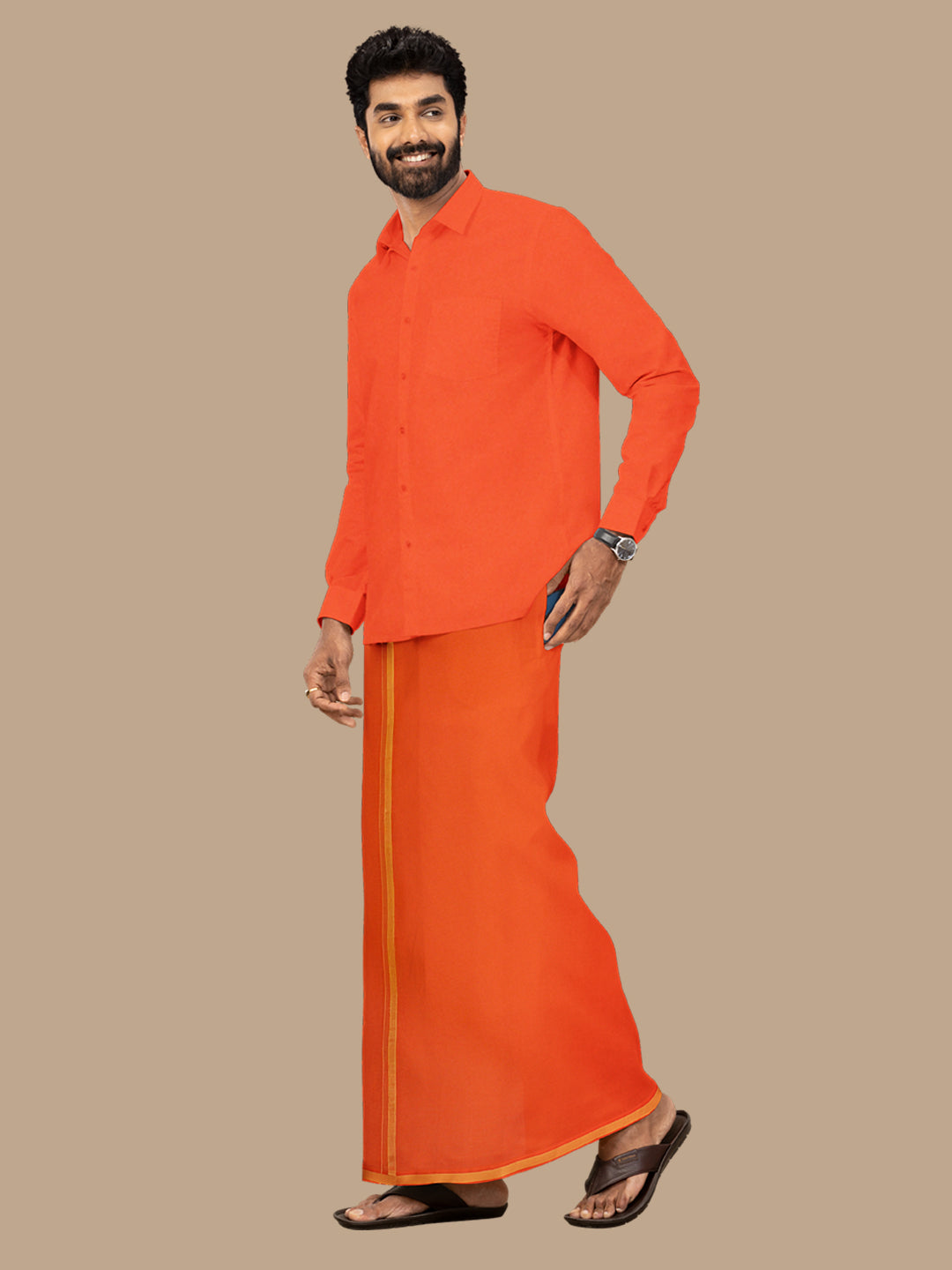 Men Assorted Border Readymade Single Dhoti Dark Orange