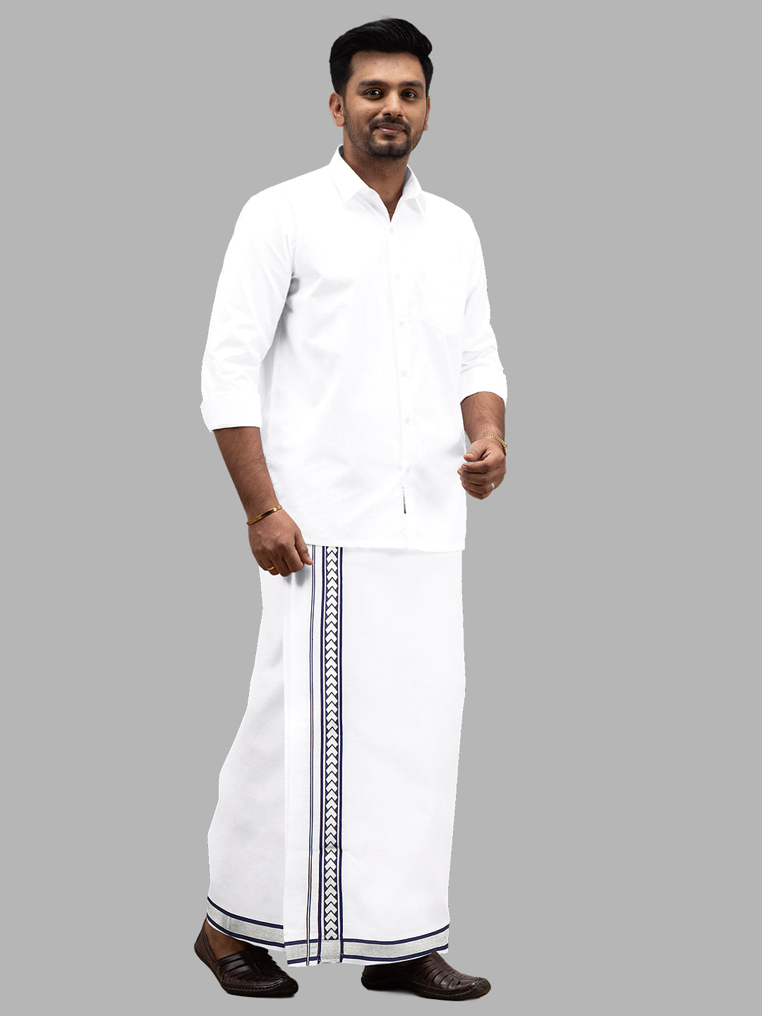 Men Blue Fancy Jari Border Single Dhoti