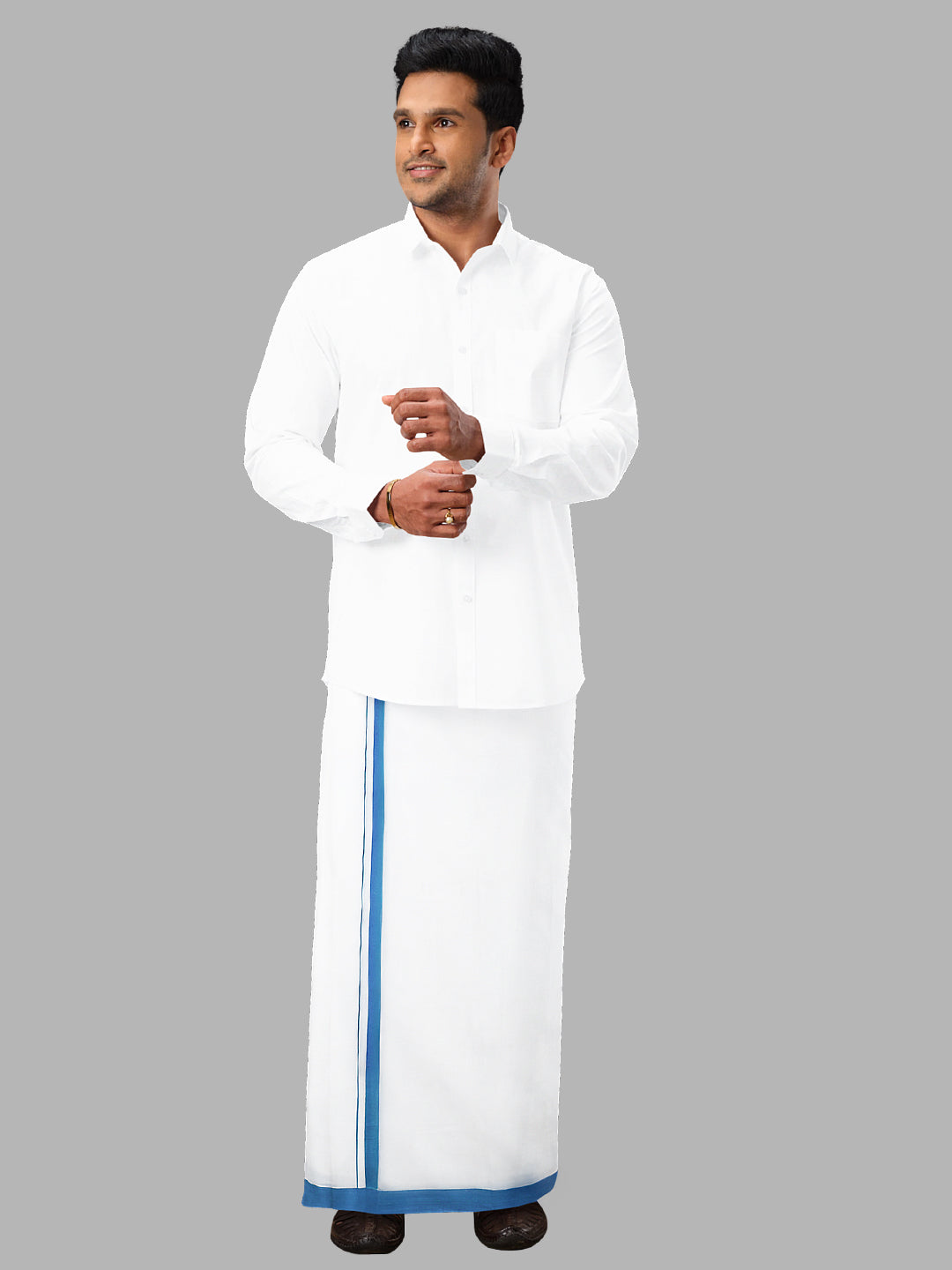 Men Blue Fancy Border Double Layer White Dhoti RS03