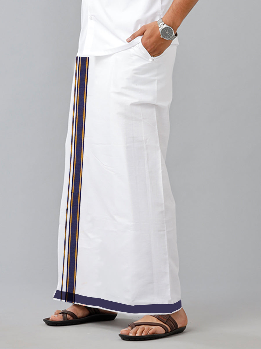 Mens Smart Look White Adjustable Pocket Dhoti with Blue fancy Border