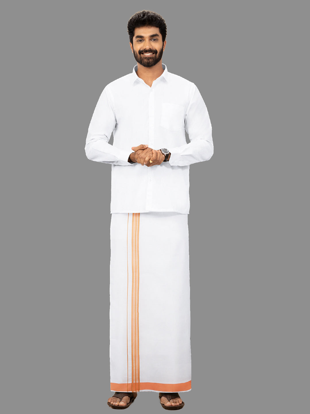 Men White with Orange Fancy Jari Border Single Layer Dhoti Yuga YJF01