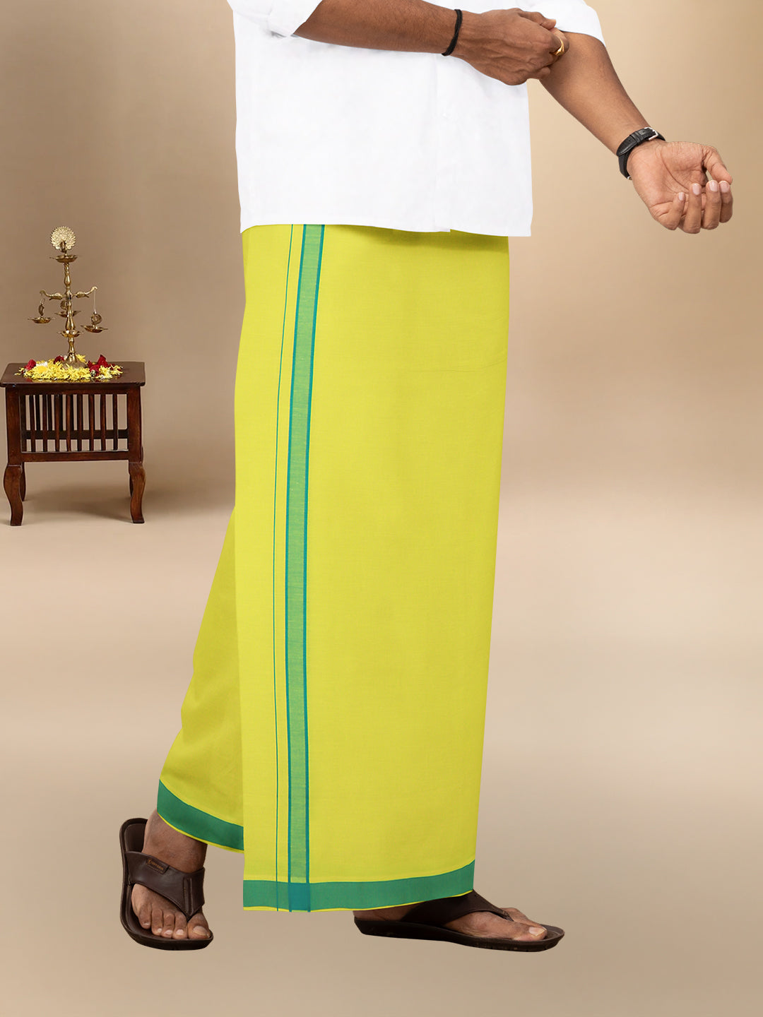 Men 100% Cotton Single Layer Lime Yellow Dhoti with Fancy Border Ahimsa