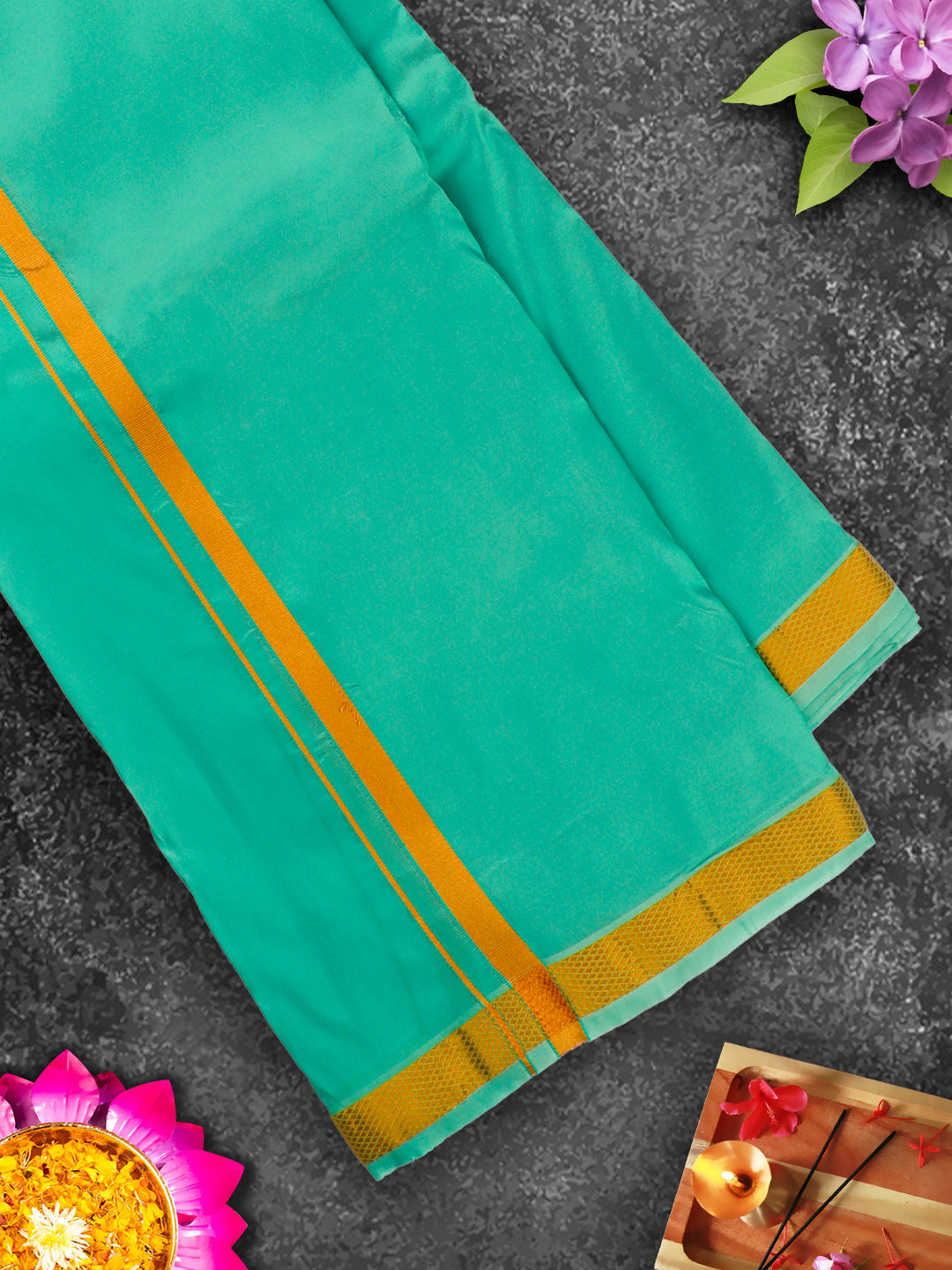 Mens Premium Art Silk Green Shirting & Gold Jari Border Panchakacham Set 9+5 Ashirwath-View five