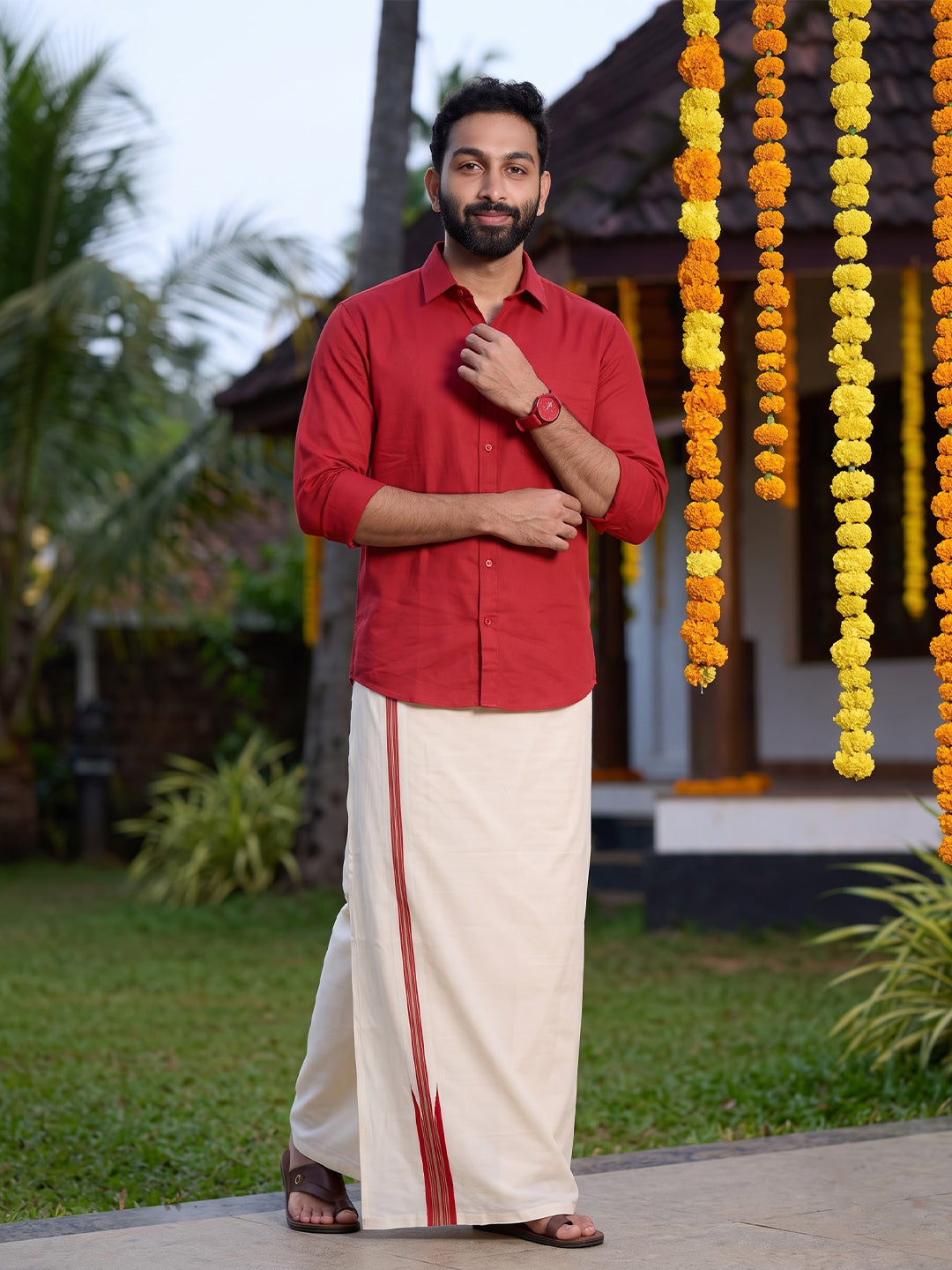 Double Layer 100% Cotton Cream Dhoti with Colour Jari Border - LC47