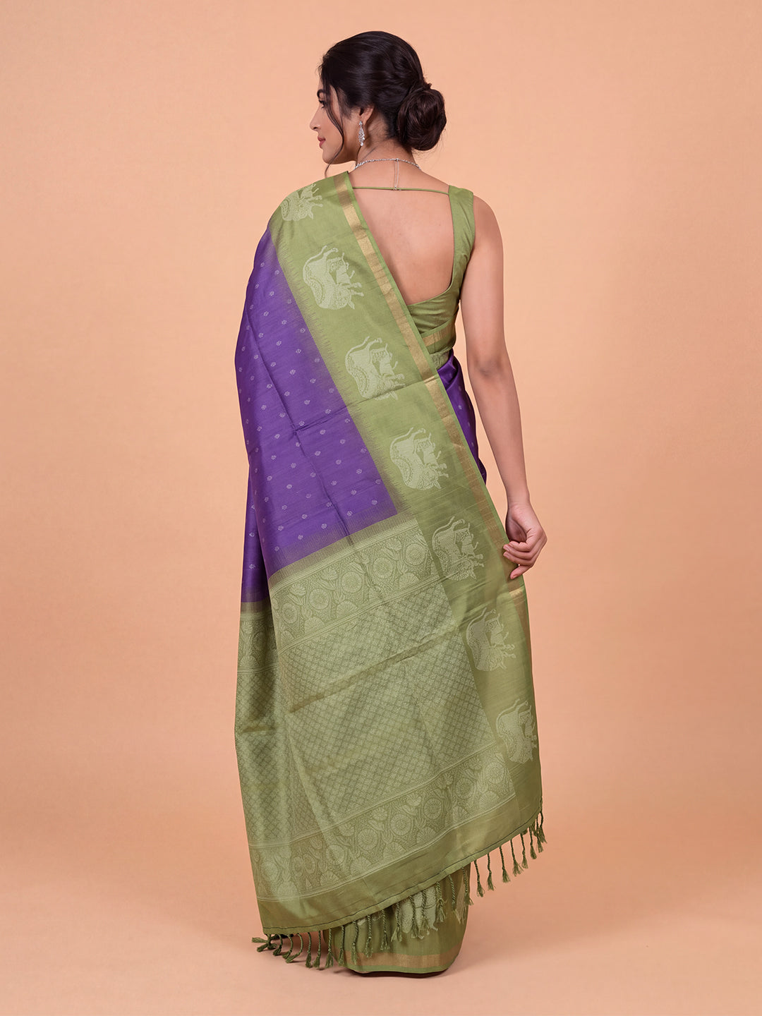 Women Semi Raw Silk Dark Violet with Green Fancy Printed Saree SRS131