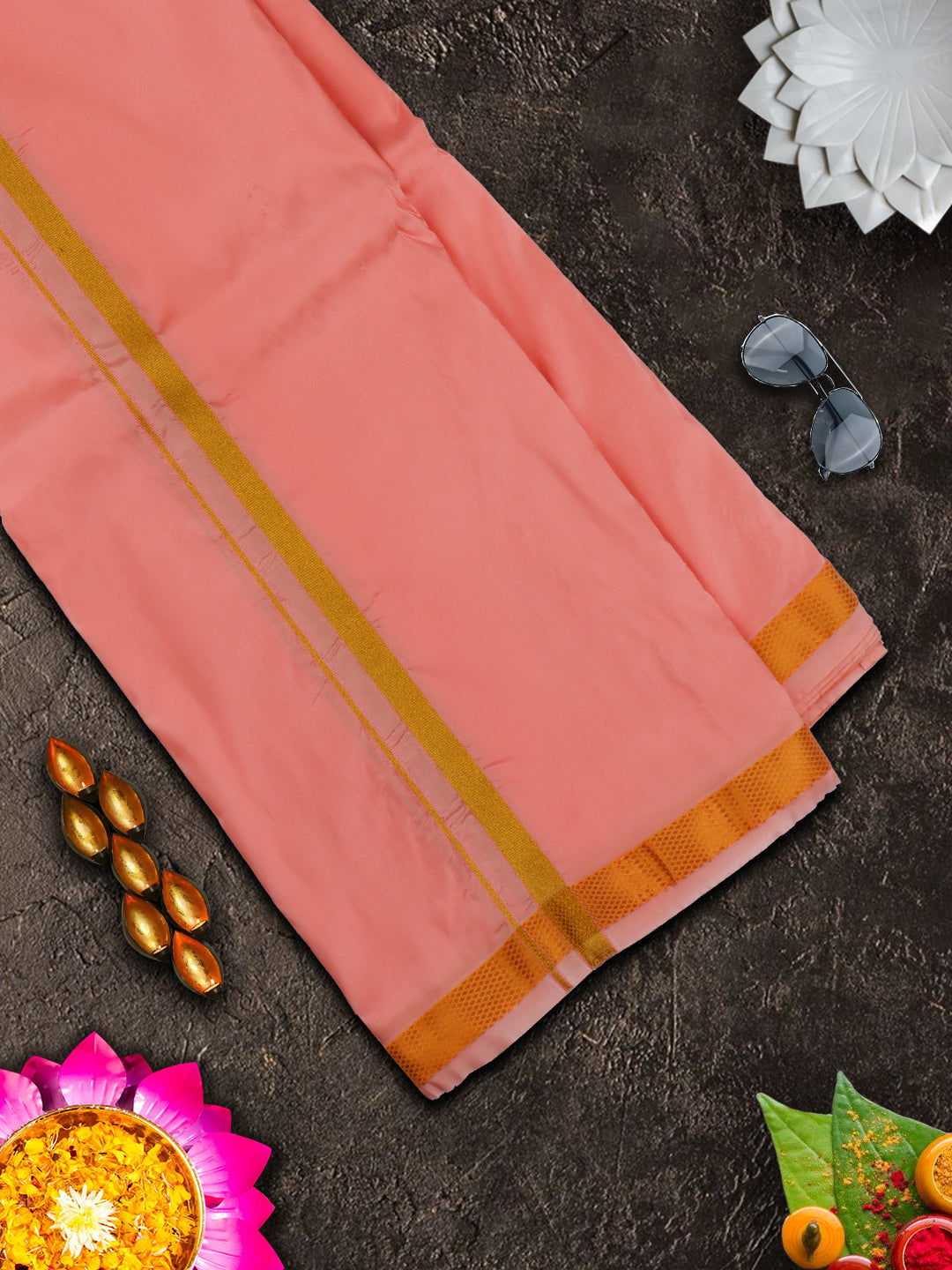 Mens Premium Art Silk Dark Pink Shirting & Gold Jari Border Panchakacham Set 9+5 Ashirwath-View four