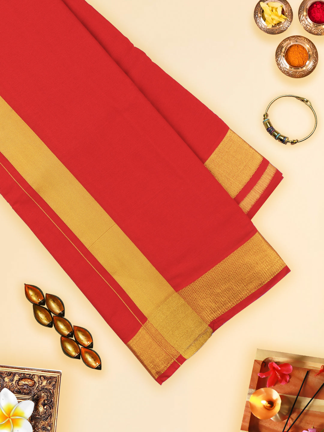 Mens Panchakacham Dhoti with Angavasthram Dheeksha Red (9+5)-View three