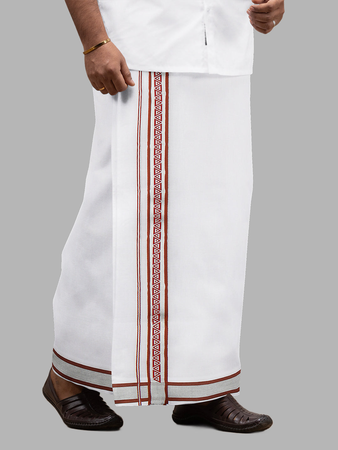 Men Red Fancy Jari Border White Double Layer Dhoti