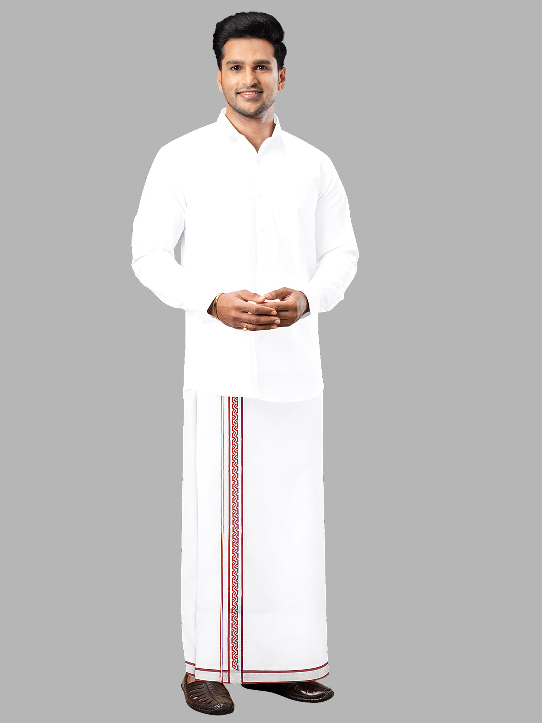 Men White with Red Fancy Jari Border Single Layer Dhoti