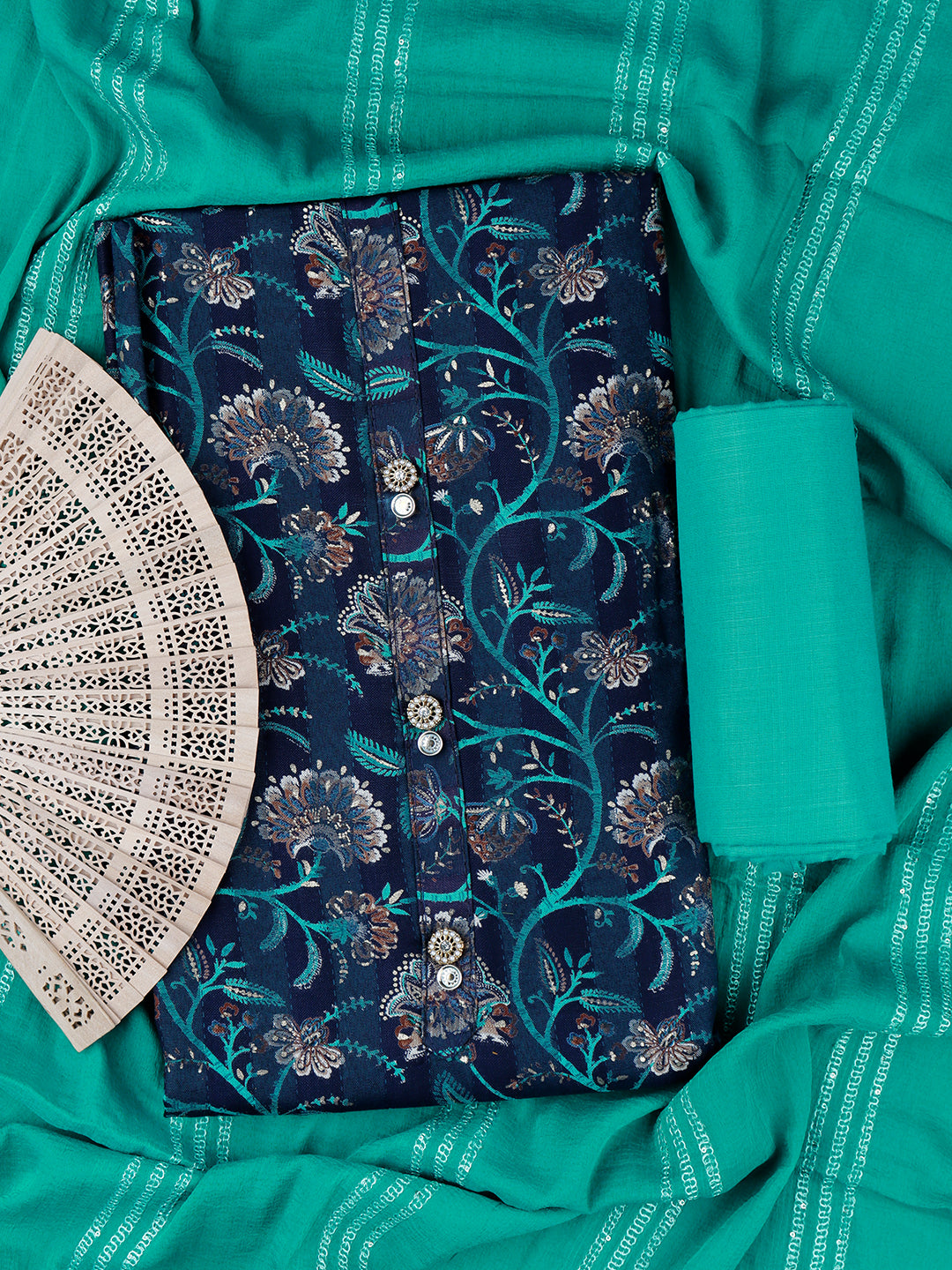 Women Navy Colour Flower Digital Print Unstitched Tissue Cotton Dress Material DM138