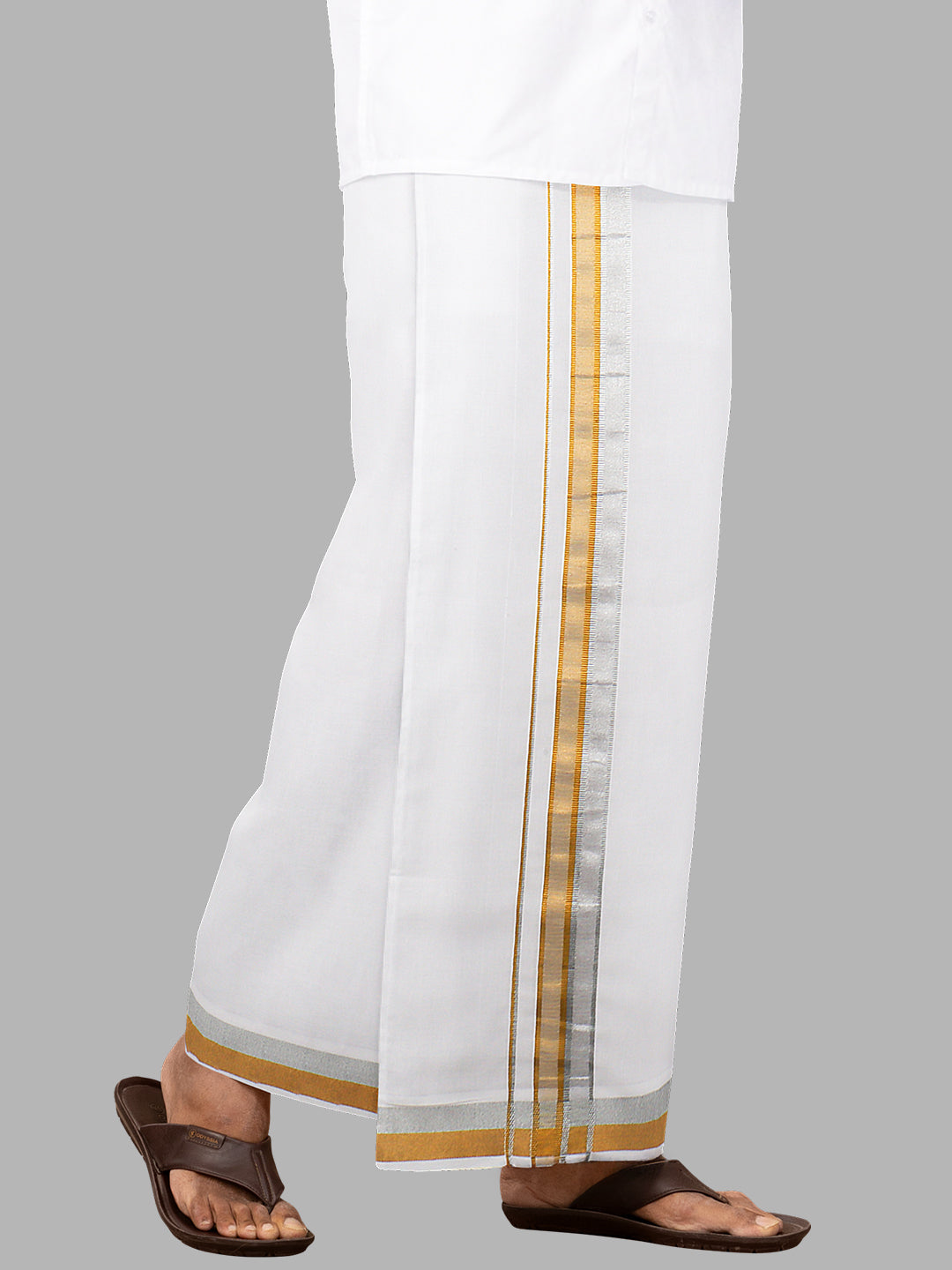 Men White with 1"Gold and Silver Jari Border Single Layer Dhoti Silver Grand