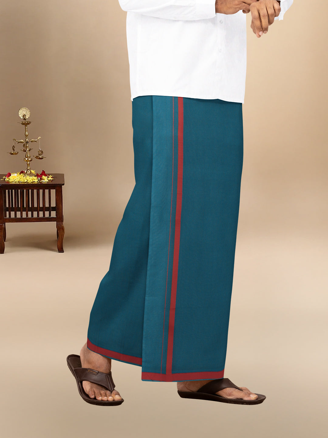 Men 100% Cotton Single Layer Teal Blue Dhoti with Big Border Poojan