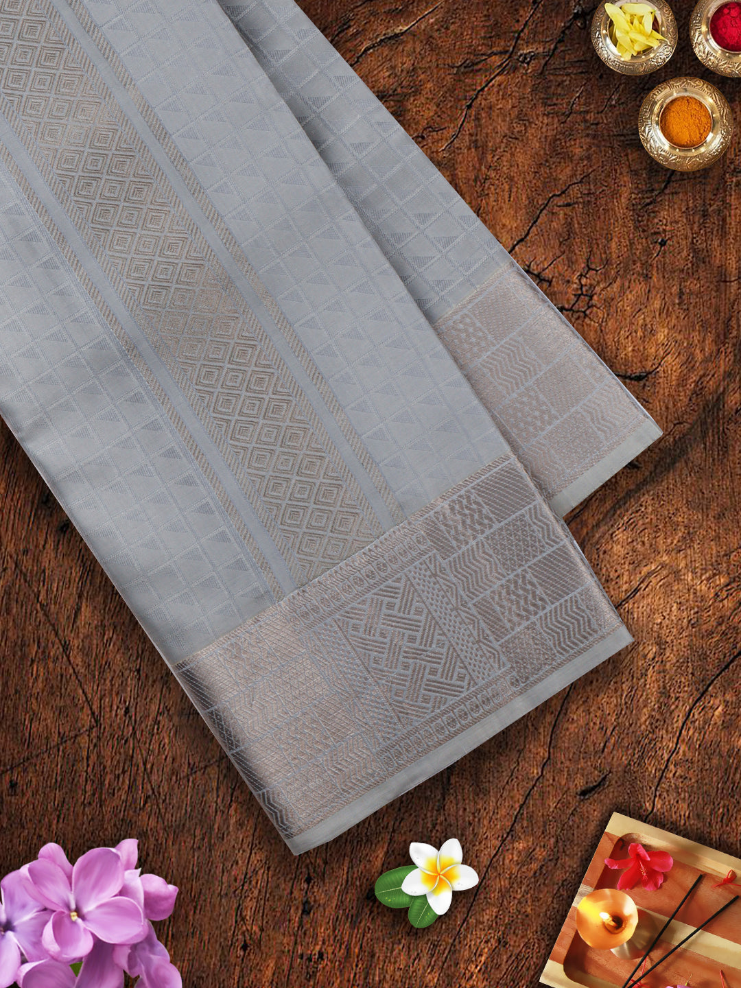 Pure Silk 4" Grey Silver Jari Border Dhoti With Towel Thirukalyan-View three