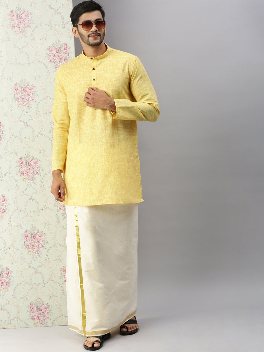 Mens 100% Cotton Cream Double Dhoti with 1" gold Jari Border Woven Gold-Full view