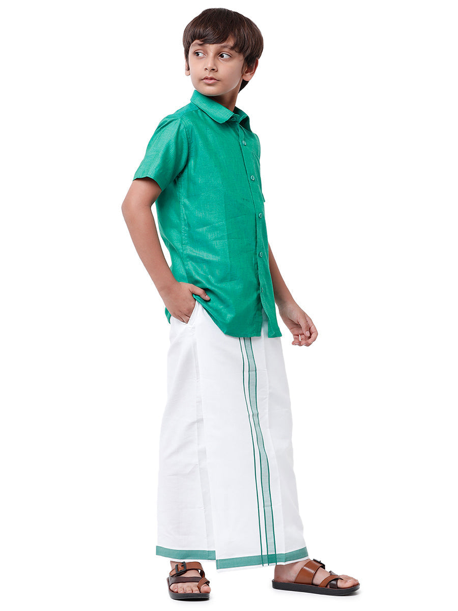 Matching Shirt and Dhoti Set with Saree Family Combo Green-Kid side view