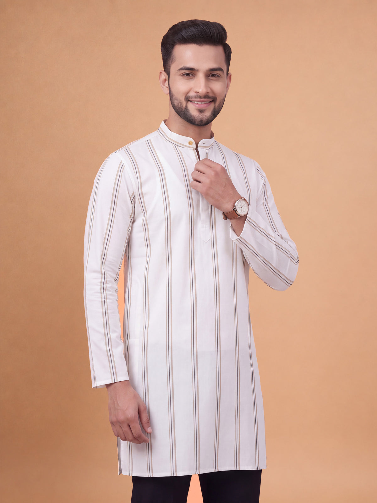 Cotton Medium Length Cream Tri Stripe Pocket Kurta RS14