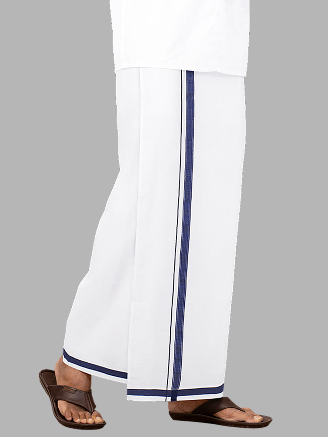 Men Navy Fancy Border Single Layer White Dhoti PF03