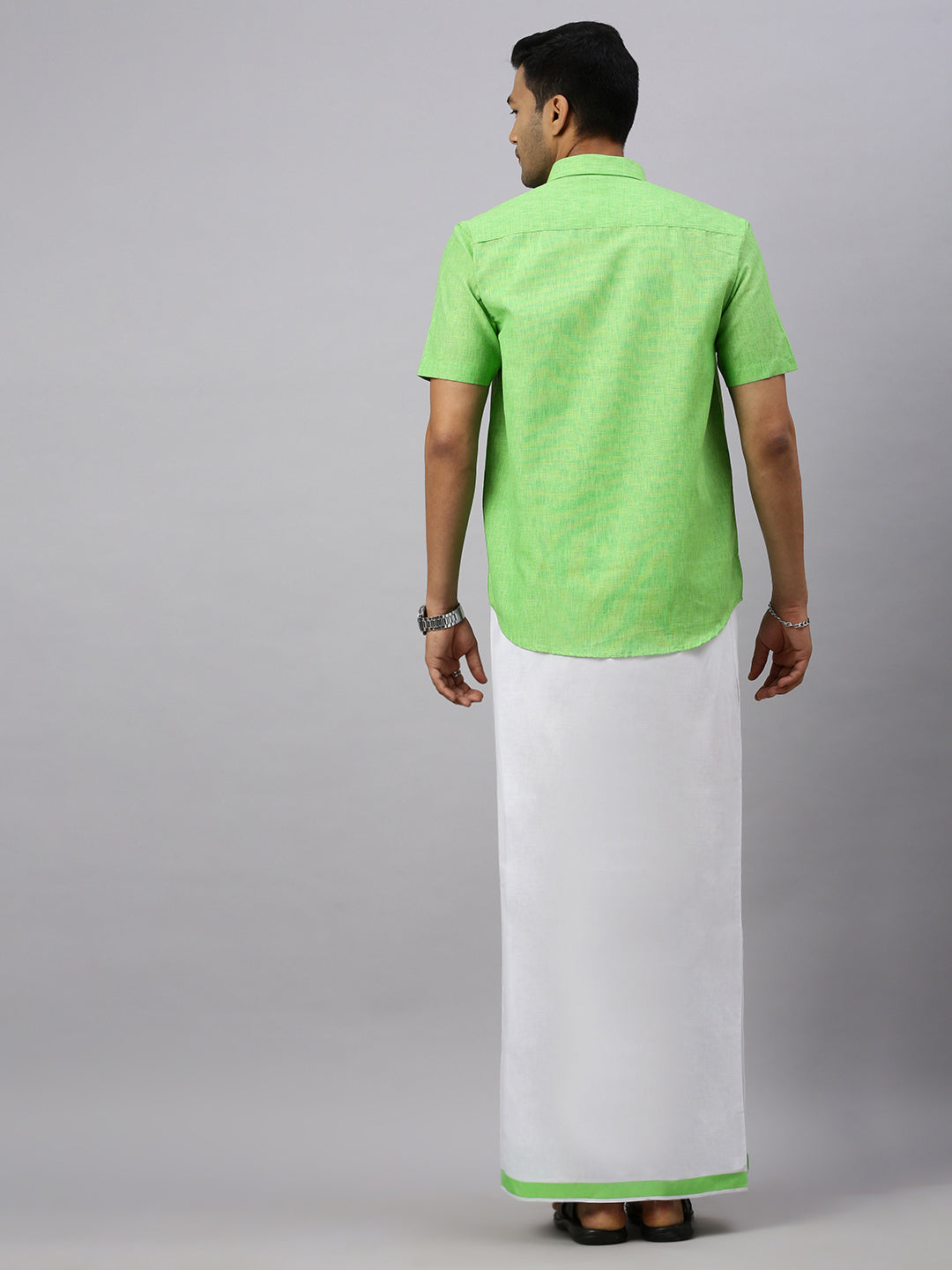 Mens Matching Border Adjustable Dhoti & Half Sleeves Shirt Set Green CC6