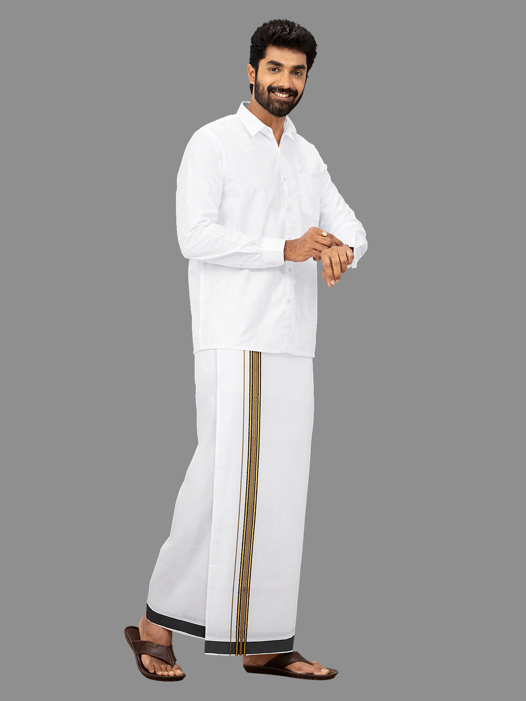 Men White with Black Fancy Jari Border Single Layer Dhoti WGF01