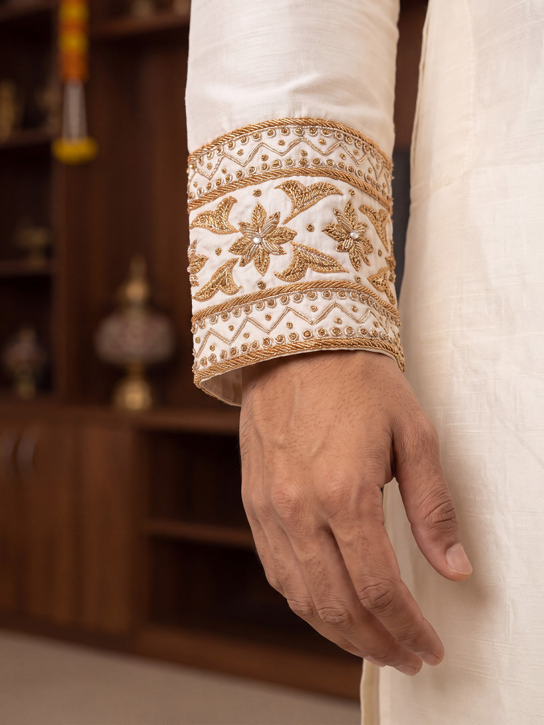 Premium Pure Silk Hand Embroidered Butterfly Motif Kurta Panchakacham & Angavastram with Banaras Red Border | Rathna Varman