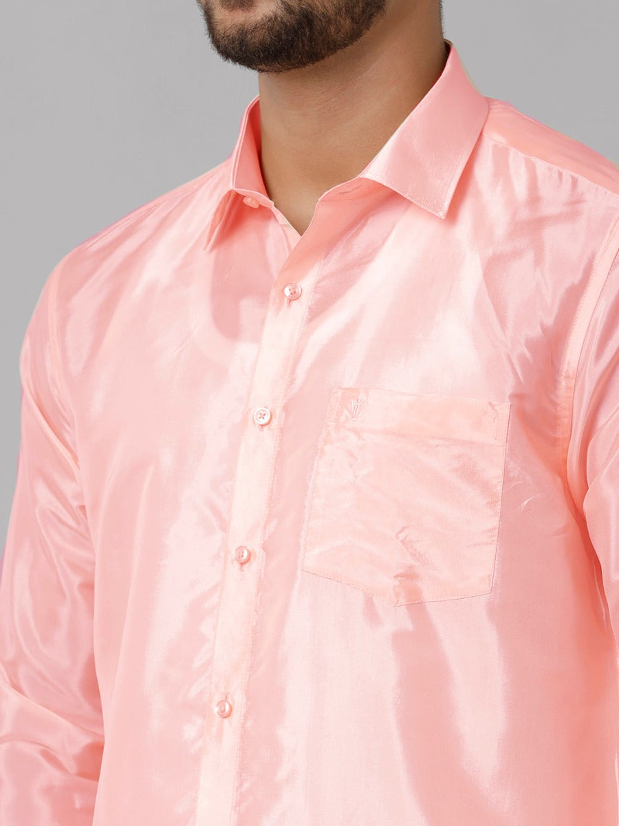 Mens Art Silk Pink Shirt Dhoti Towel Set Swayamvara-Zoom view