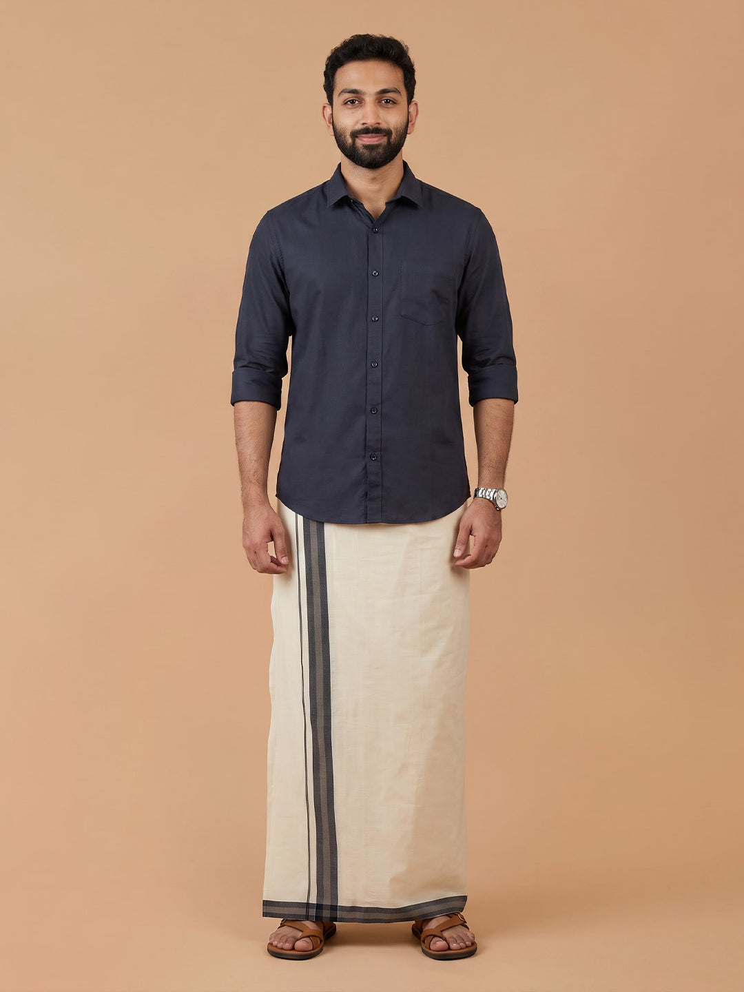 Double Layer Premium Handloom Cream Dhoti with Colour Border - HLM121