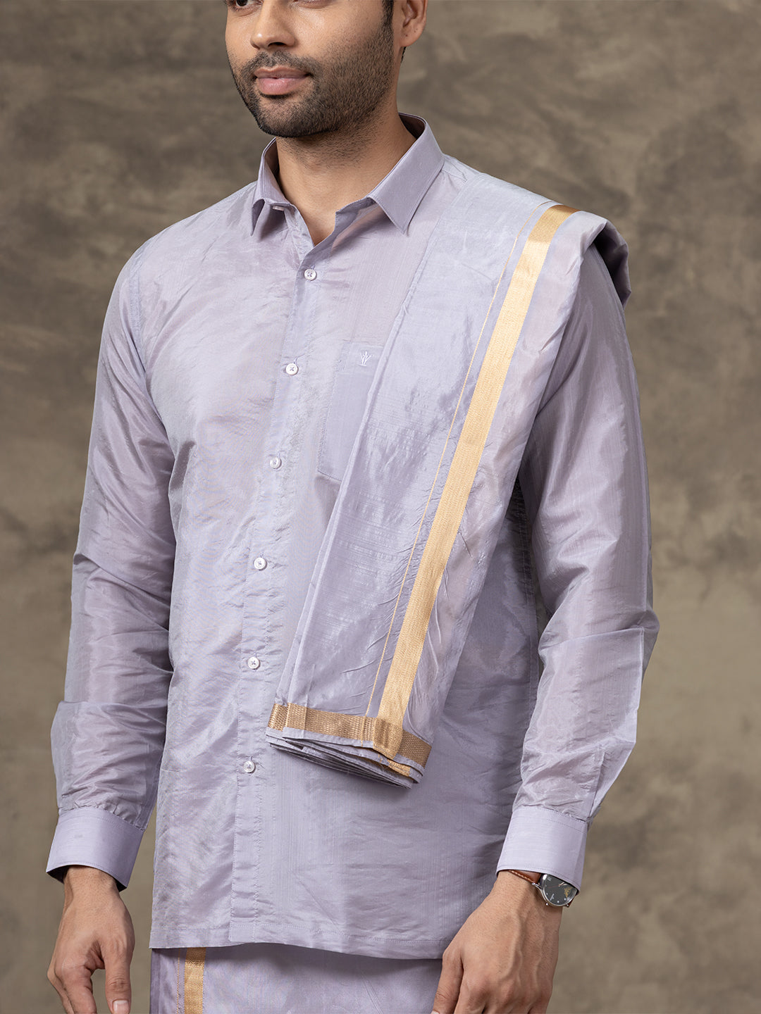 Men Art Silk Polar Violet Shirt & Dhoti Towel Set Swayamvara