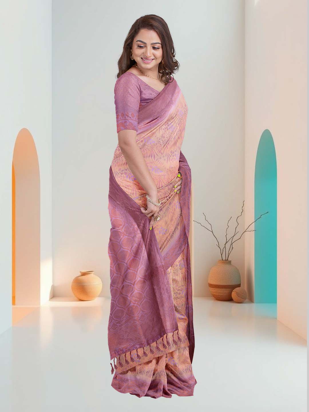 Women Peach with Purple Art Silk Printed Saree ASS67