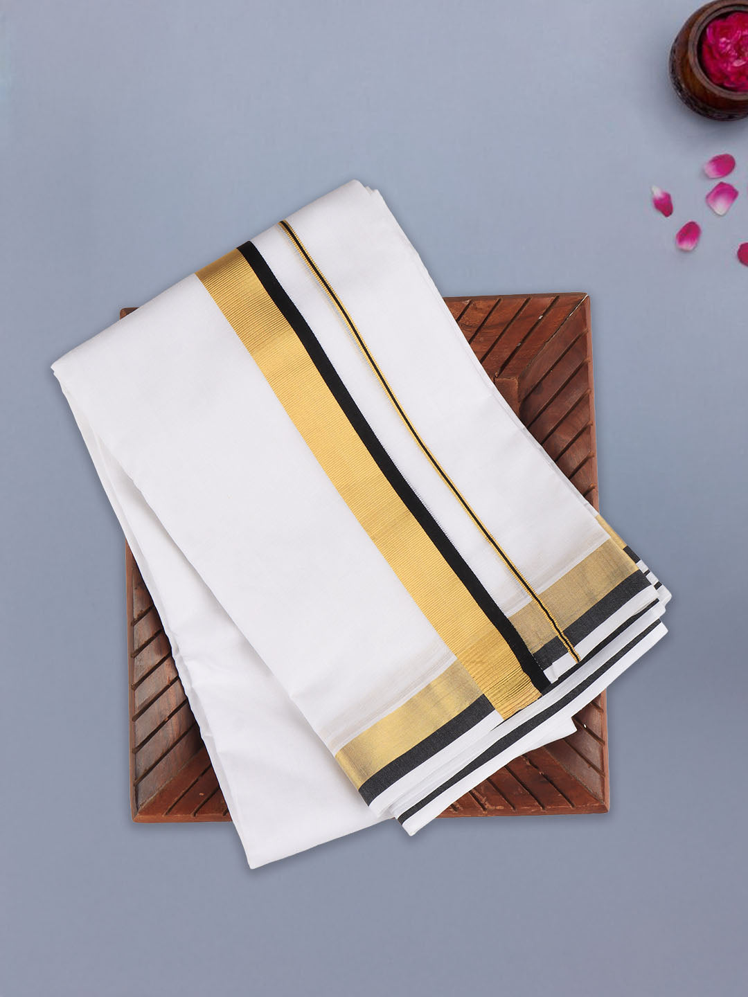 Men 100% Cotton Double Layer White Dhoti with Fancy Jari Border LC07