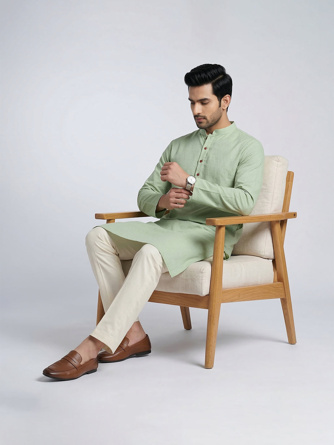 Cotton Medium Length Printed Pocket Kurta Green MHJ7