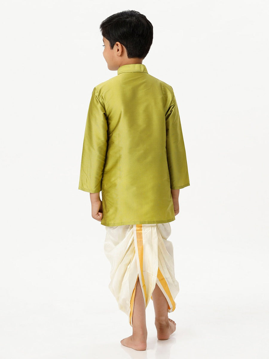 Boys Silk Cotton Full Sleeves Parrot Green Kurta with Panchakacham Combo-Back view