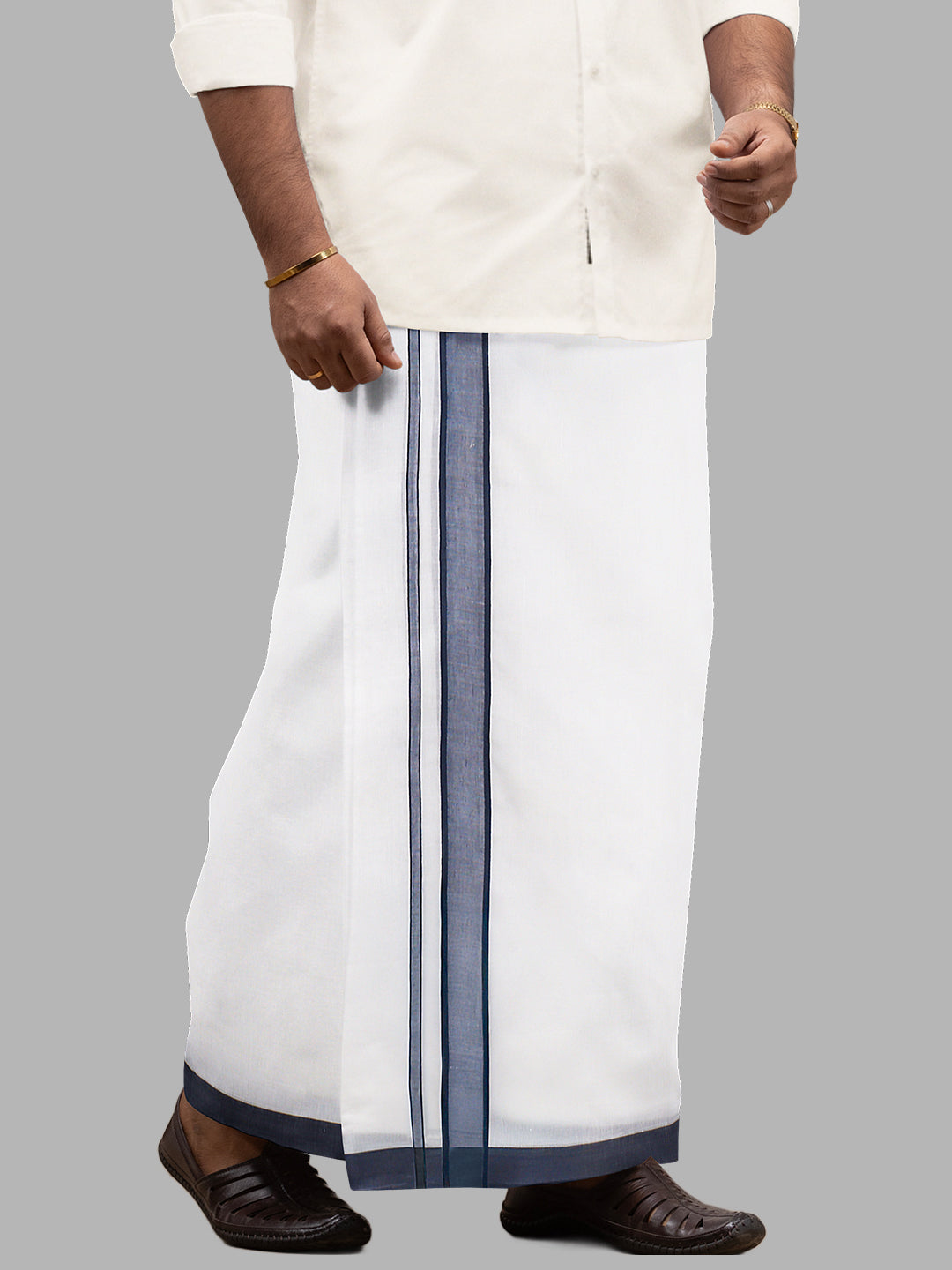 Men Navy Fancy Border Double Layer White Dhoti RP7