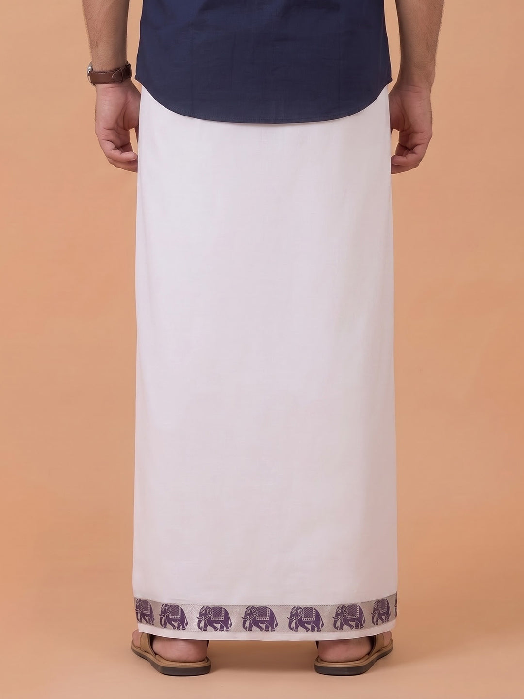 Double Layer 100% Cotton White Dhoti with Colour Jari Border - LC49