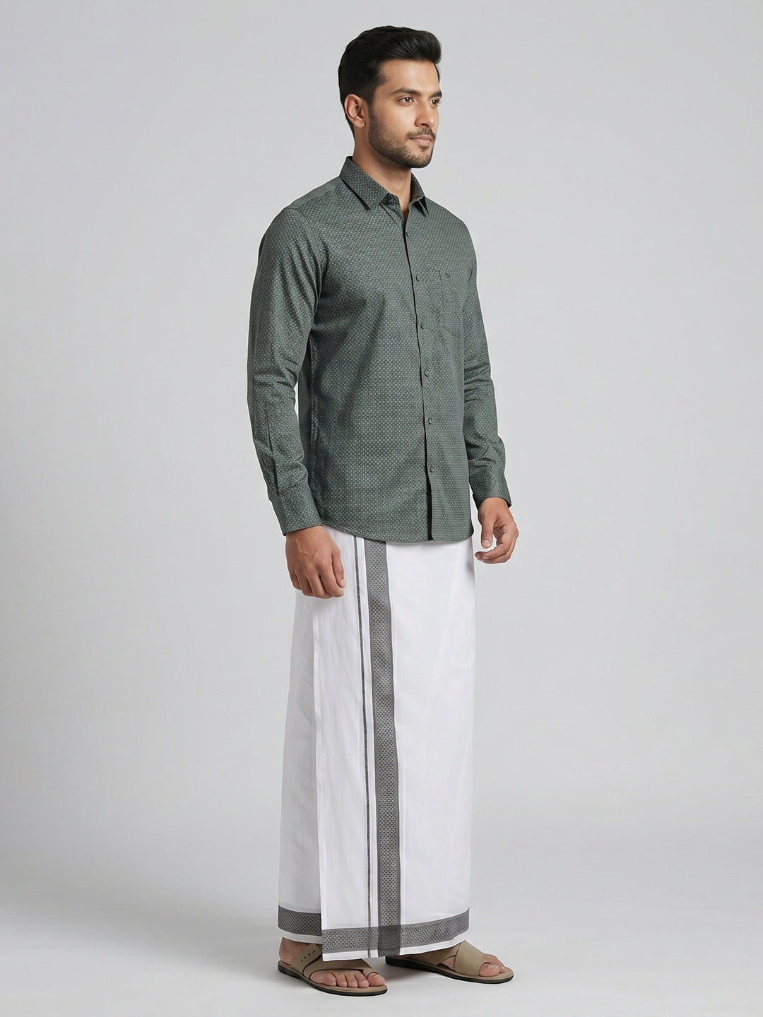 Men Teal Green Matching Border Dhoti With Printed Shirt Set Windsor HNJ5