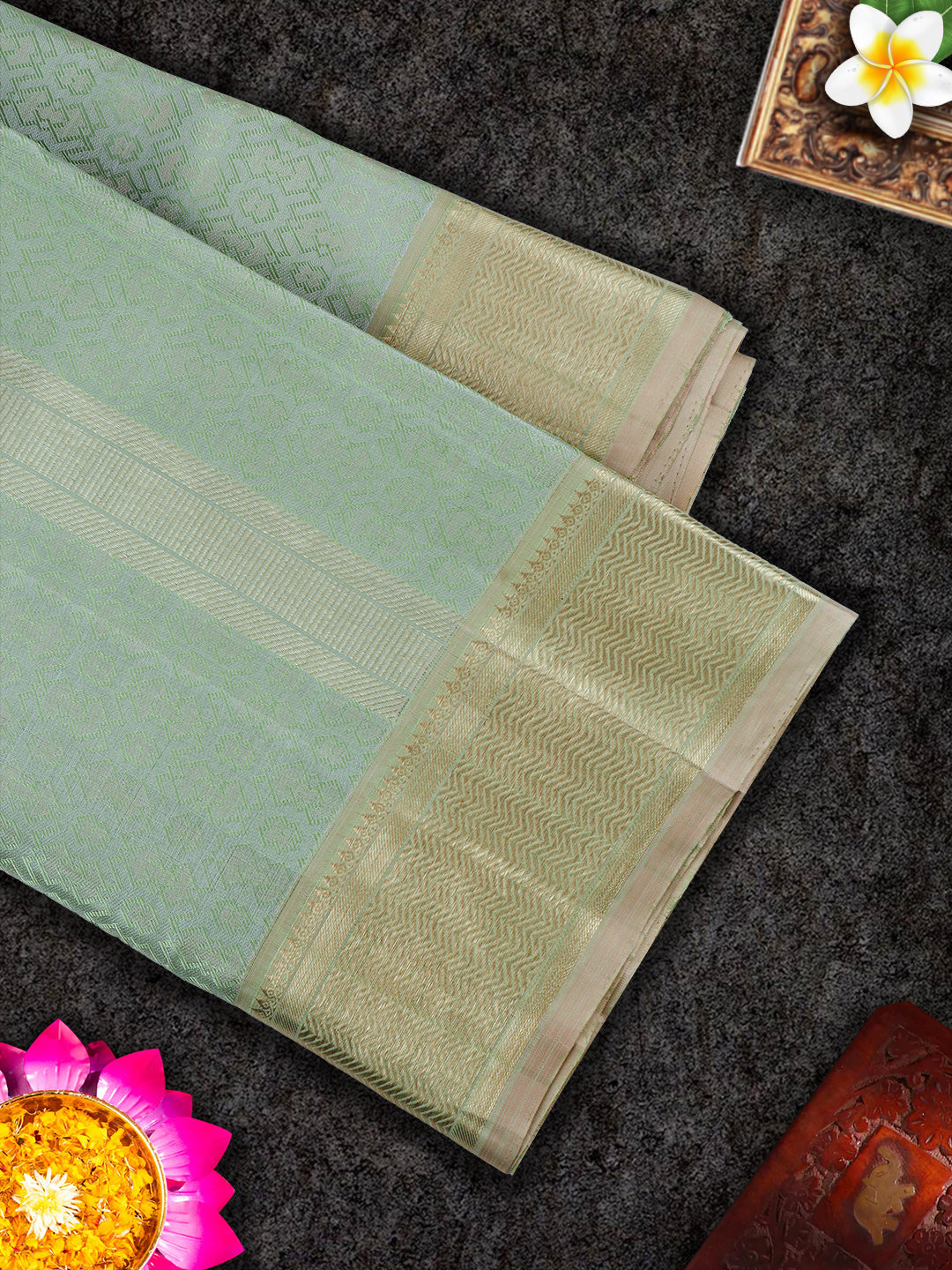 Mens Pure Silk Green 4" Fawn Gold Jari Border Dhoti With Towel Amirtham-View three