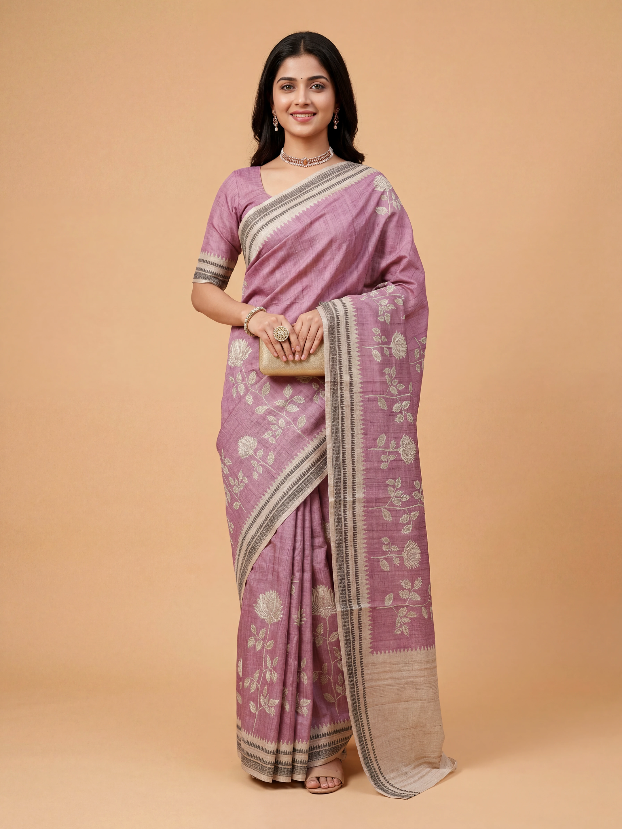 Women Semi Tussar Printed Purple Saree ST341