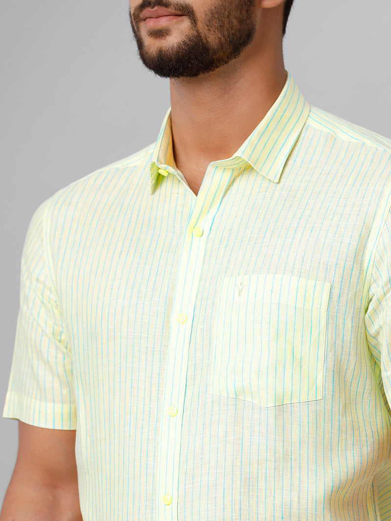 Mens Pure Linen Striped Half Sleeves Yellow Shirt LS27