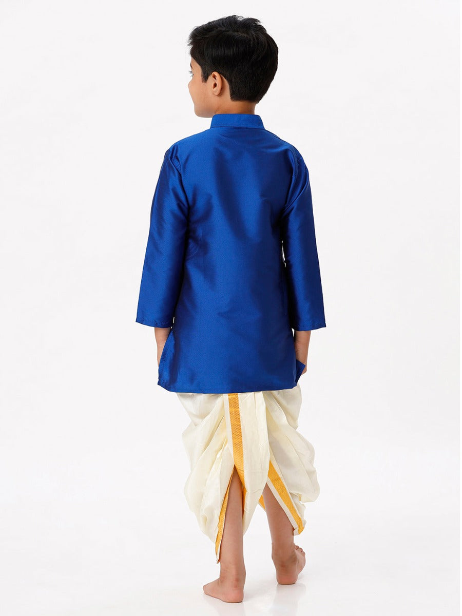 Boys Silk Cotton Full Sleeves Royal Blue Kurta with Panchakacham Combo-Back view