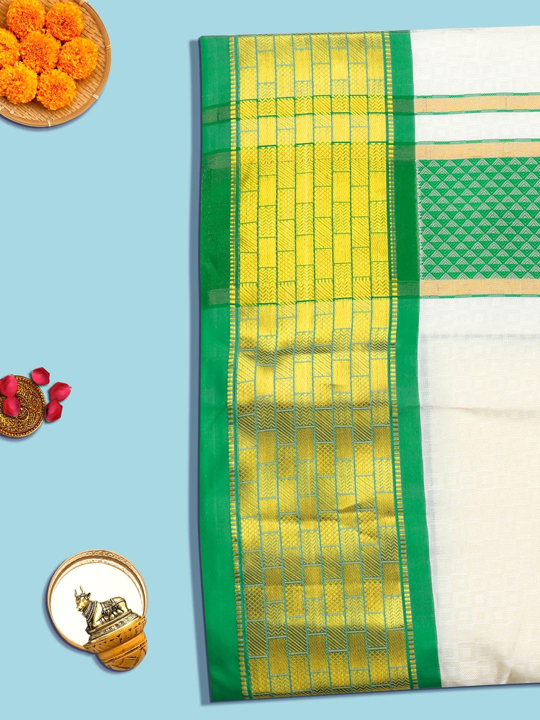 Mens Pure Silk Cream Embossed Design 3" green Jari Border With Towel Thirukalyan-View three