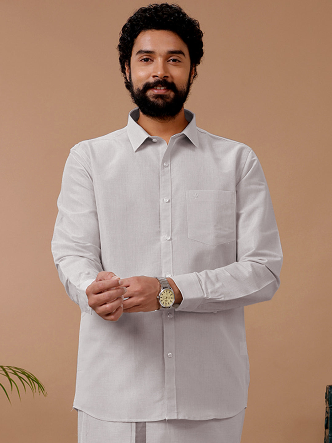 Men Tissue Dhoti & Full Sleeves Shirt Set Licorice