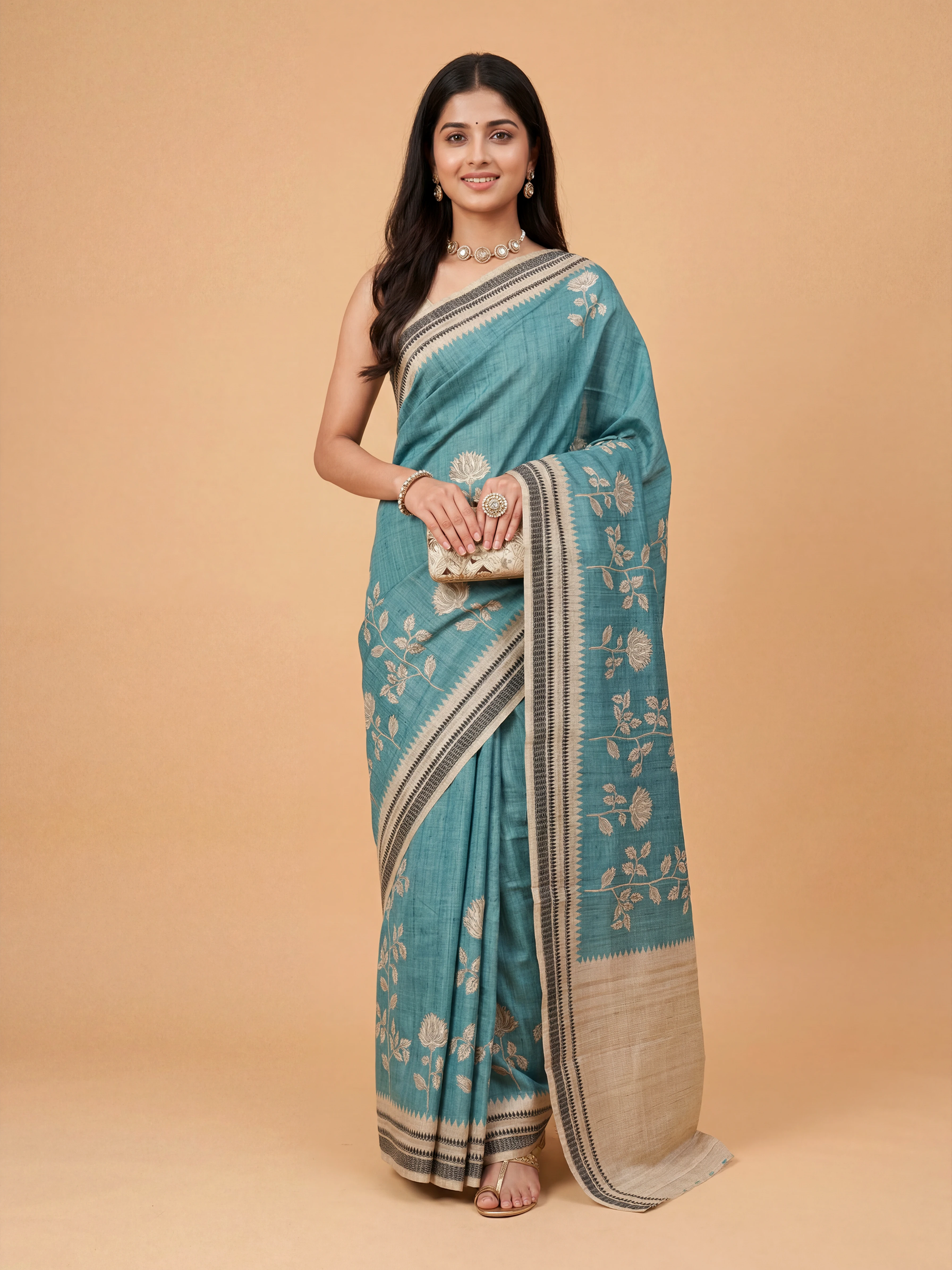 Women Semi Tussar Printed Teal Green Saree ST340