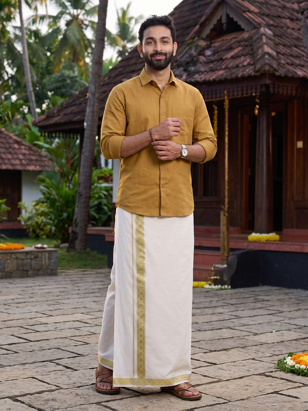 Double Layer 100% Cotton White Dhoti with Colour Jari Border - LC48